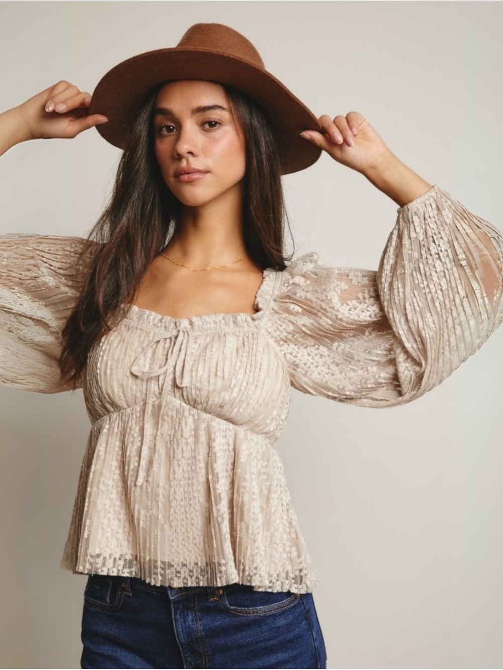 Forte NWT Taupe Lace Peplum Puff Sleeve Sweetheart Blouse XL